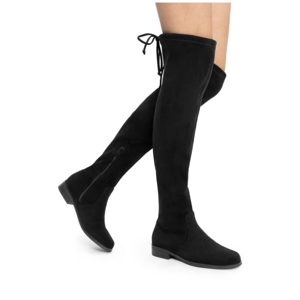 Dream Pairs 8 Over-The-Knee Black Lace-Up Boots Suede Stretch Wide Calf